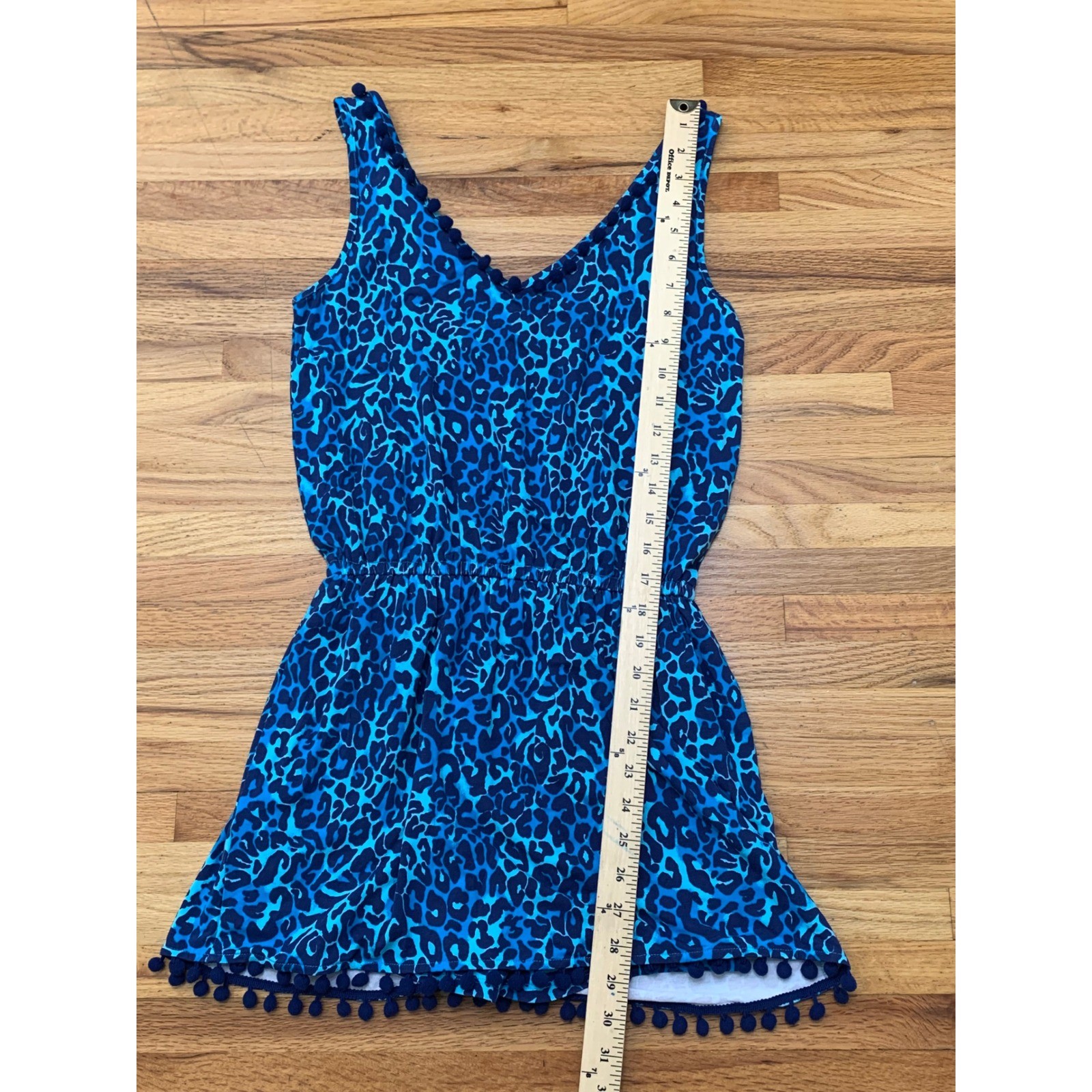 Lilly Pulitzer Blue Leopard Print Pom Pom Romper XS Sleeveless Elastic Waist
