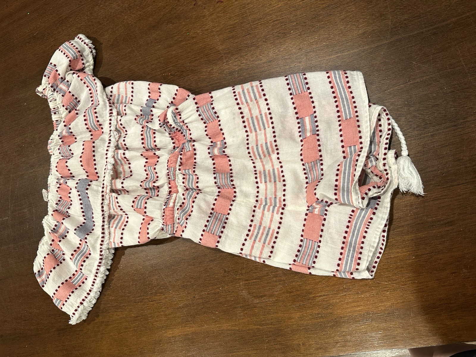 LOFT Off-Shoulder Striped Ruffle Romper Tassel Drawstring Cotton S White/Pink