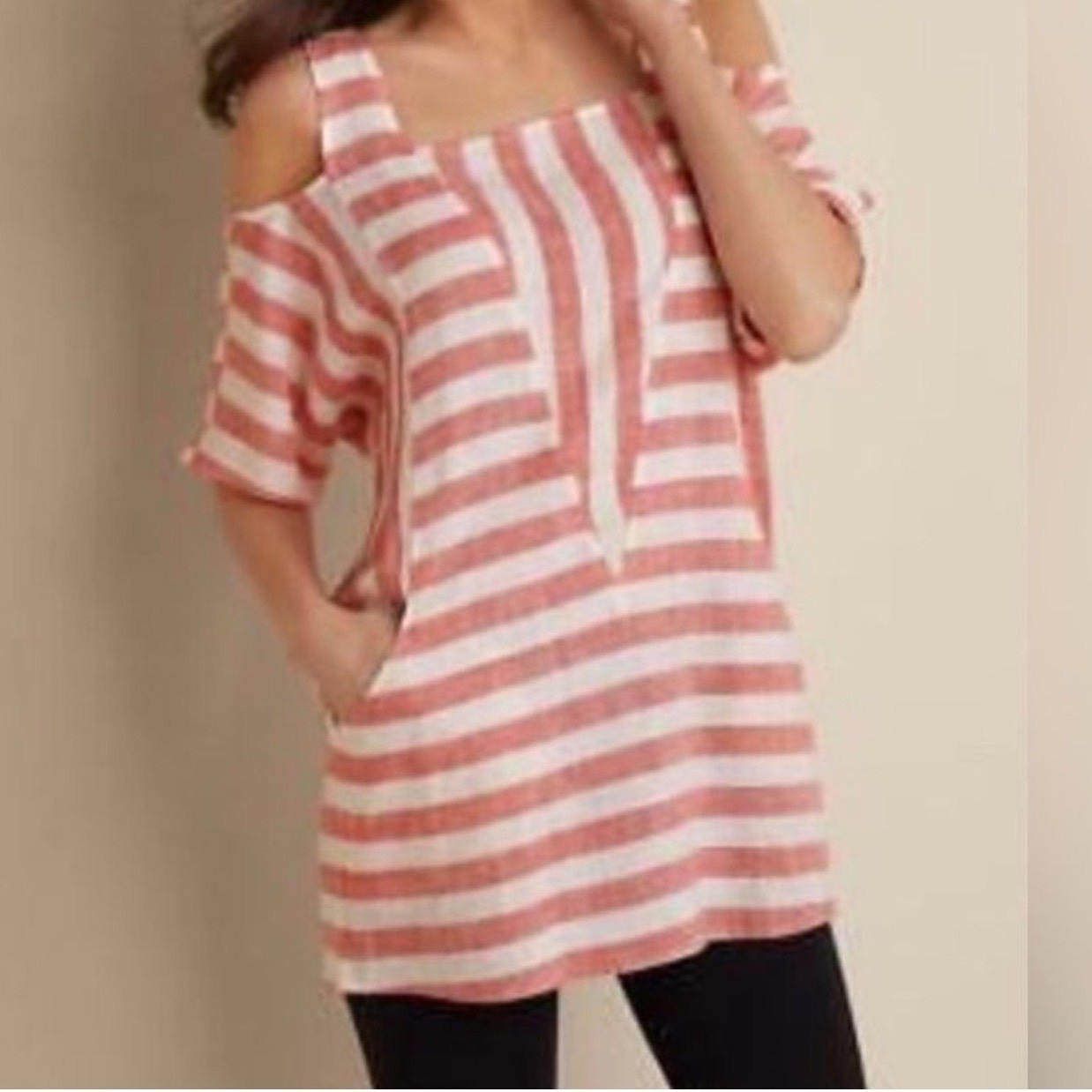 Soft Surroundings Linen Cold‑Shoulder Zip Tunic Top Large Resort Nautical Large