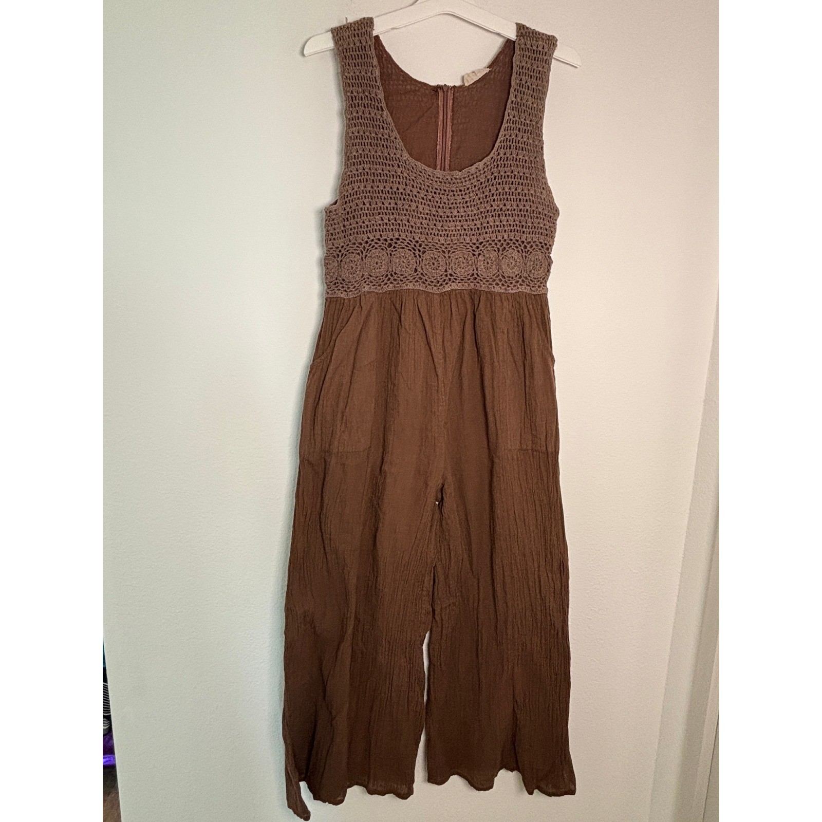 Talisman Brown Crochet Lace Bodice Wide Leg Boho Gauze Jumpsuit Womens XL