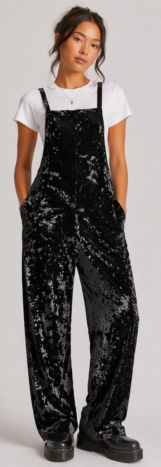 Urban Outfitters Jumpsuit Black Velvet Velour Overall Size Medium Stretch Baggy