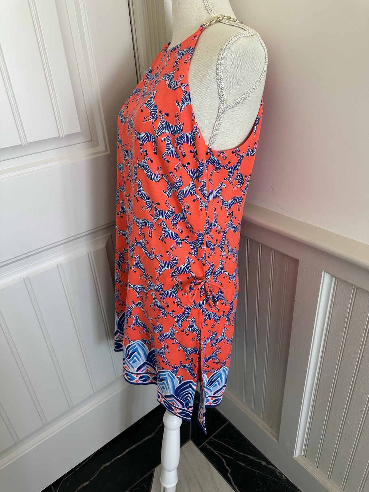 Lilly Pulitzer Zebra Romper, Sz 8, orange/blue/black/wht, Brass Chain Straps