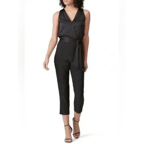 Black Silk Satin Wrap Sleeveless Cropped Jumpsuit RN 141698 Size Small
