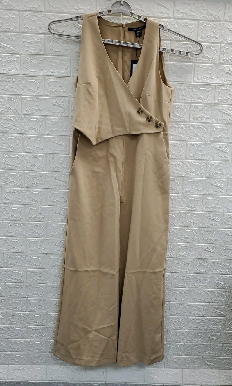 New French Connection Azra Twill Wide Leg Sleeveless Jumpsuit Tan Size 10
