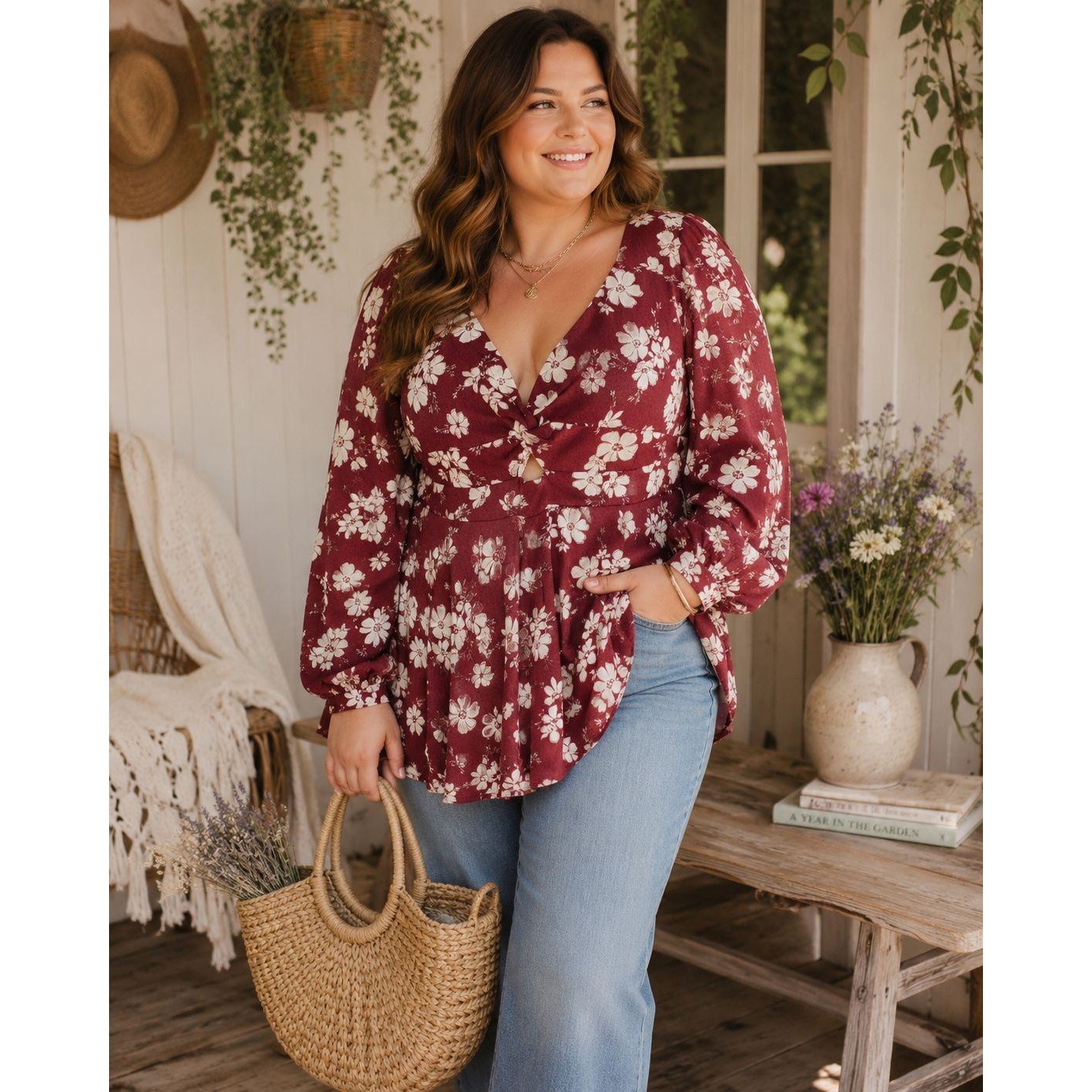 Francesca’s XL Floral Long Sleeve Cutout Ruffle Hem Tunic Top Boho Cottagecore