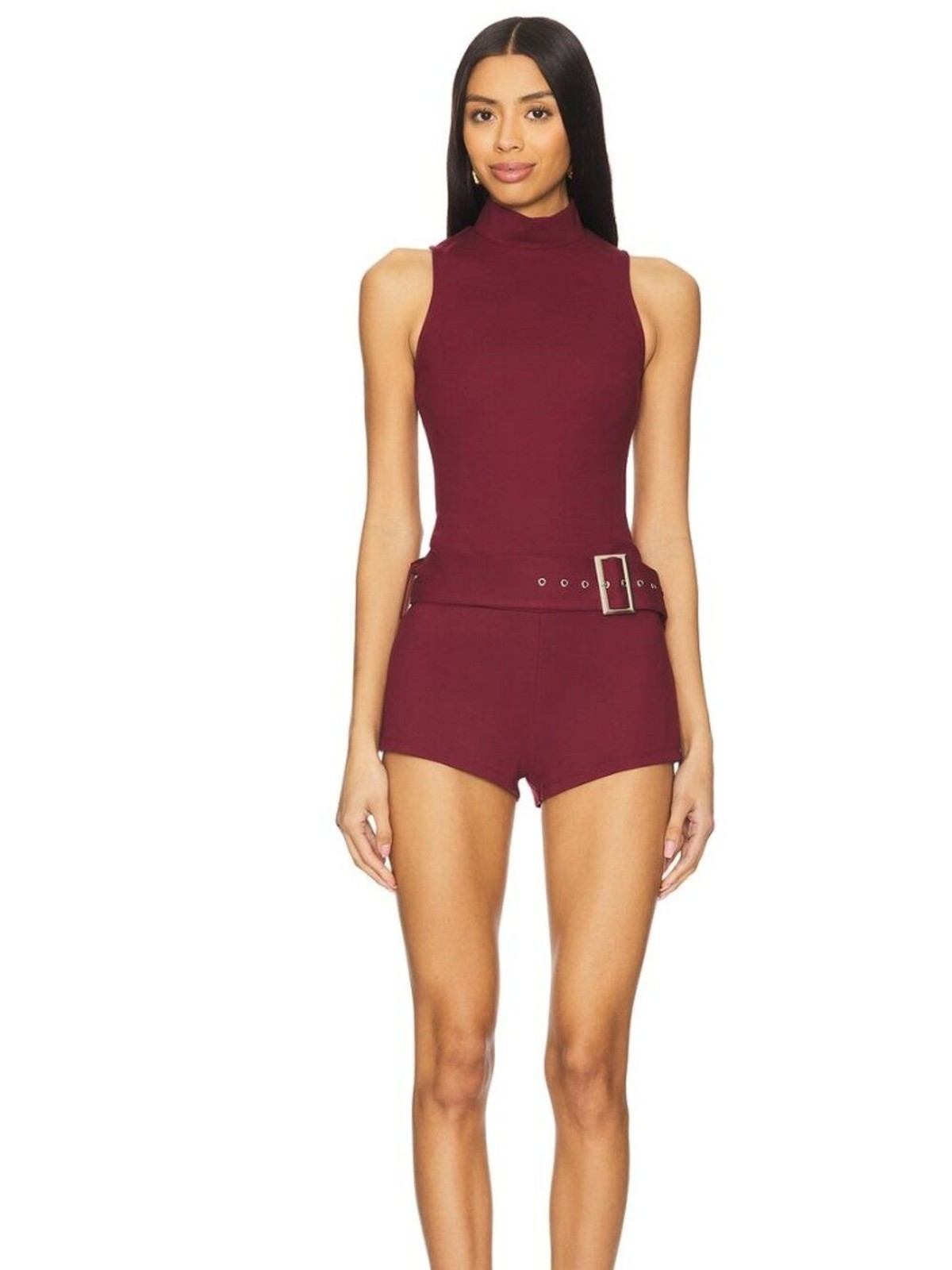 superdown Evie Romper in Oxblood maroon red high neck with belt turtleneck