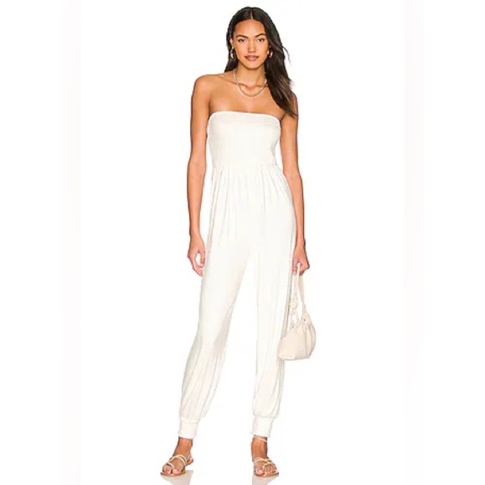 Lovers + Friends Monica Smocked Strapless Jumpsuit XS White Bridal Bachelorette