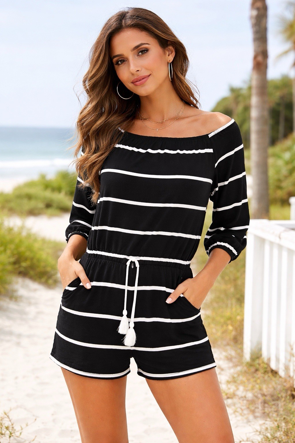 Black White Striped Romper Women S M Casual Beach Vacation Resort Summer