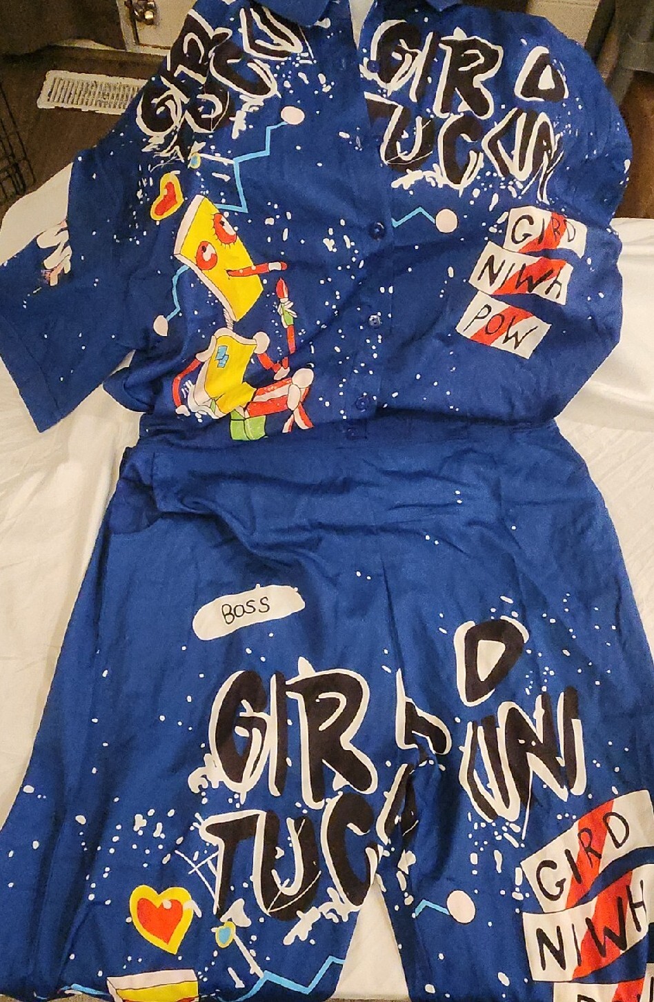 Graffiti Graphic Cartoon Print Women’s Blue Button Sexy Jumpsuit w Pockets 2XL
