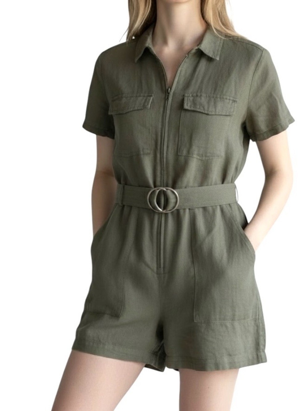 Nicole Miller Linen blend Short sleeve Zip Romper Belted Size 6 Army green NWOT