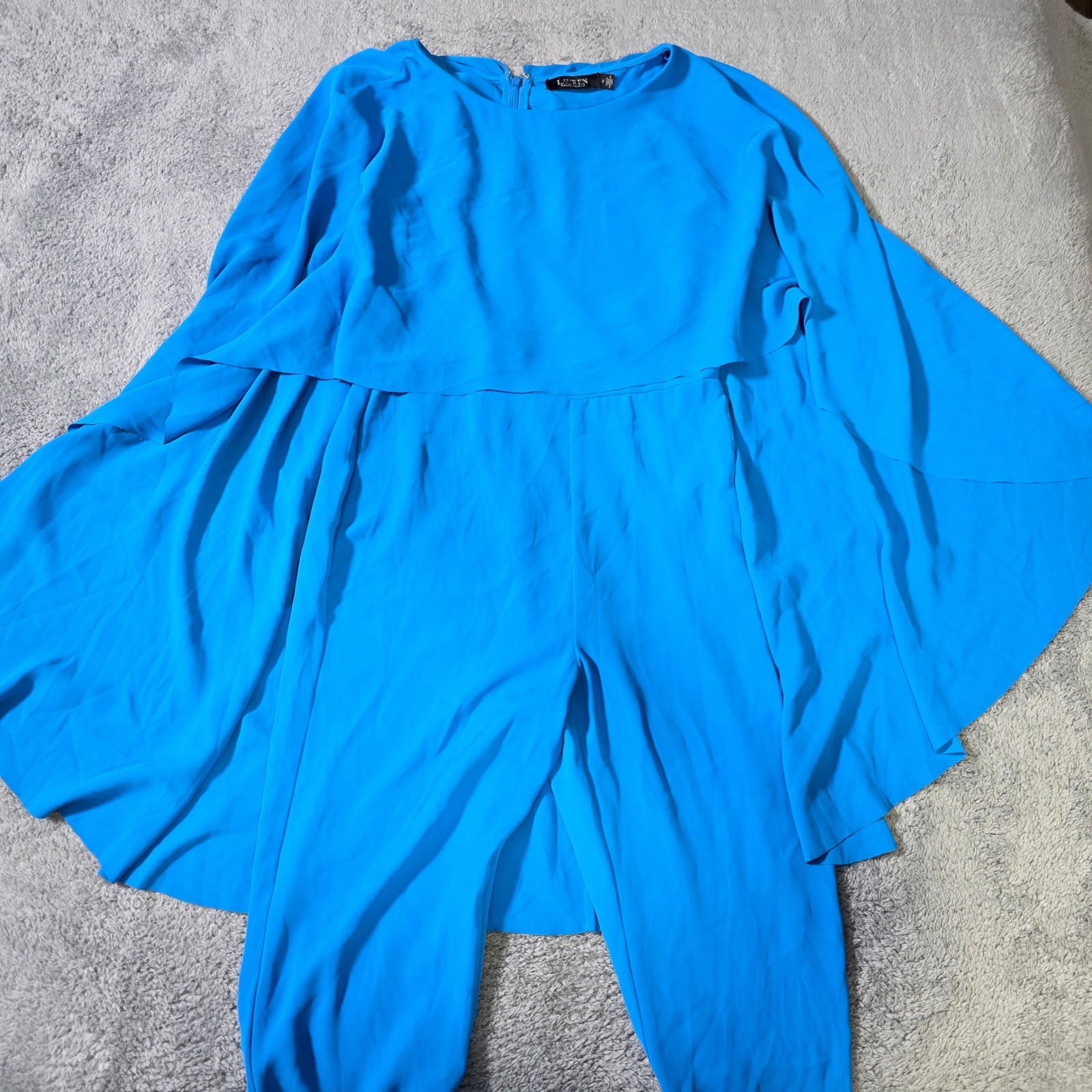 Lauren Ralph Lauren Womens 2 Jumpsuit Blue Cape Overlay Tapered Leg Evening