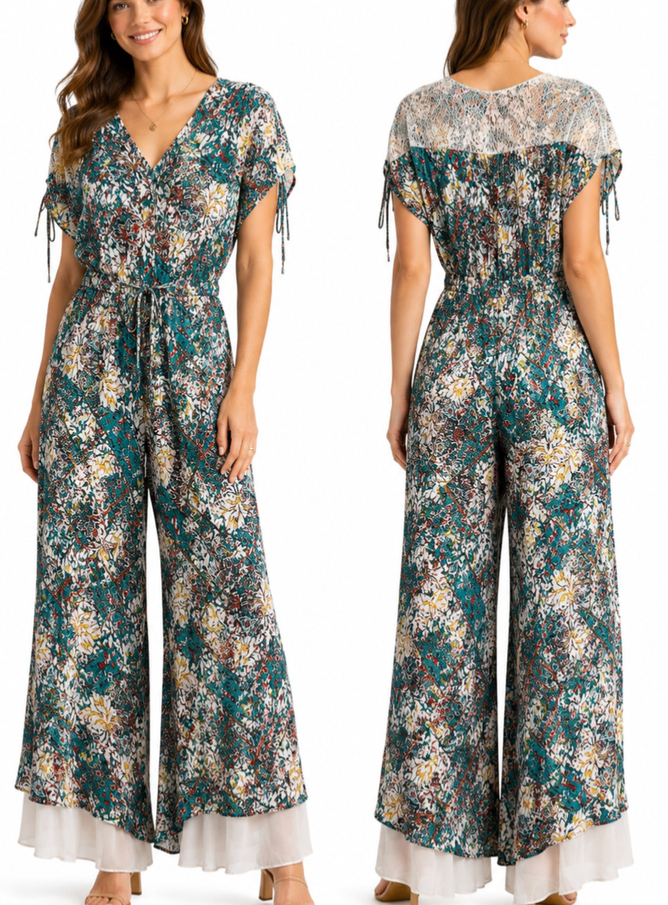 Anthropologie Elevenses Zula Lace Jumpsuit Romper S Floral Boho Wide Leg Pants