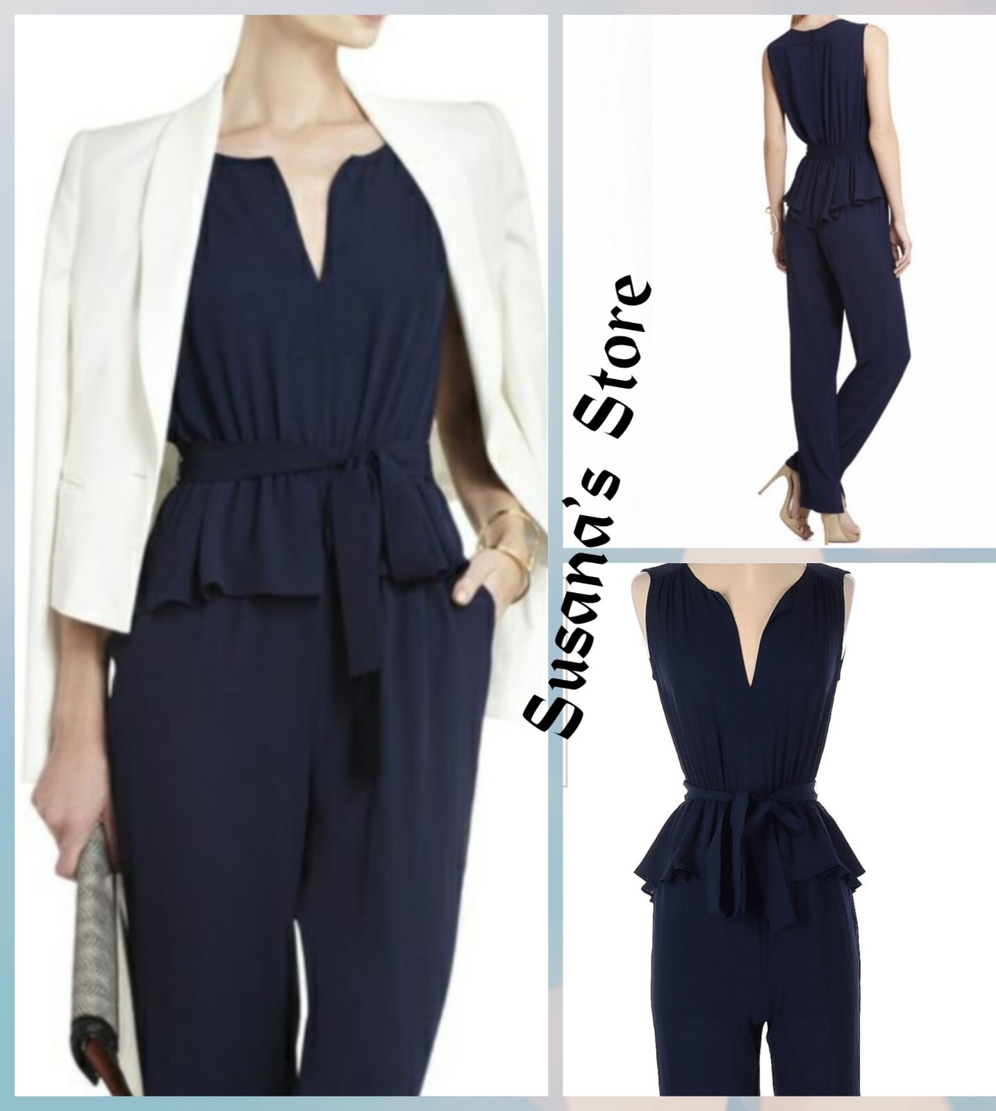 BCBG MAXAZRIA SIZE S GIOVANNA DARK NAVY V-NECK PEPLUM JUMPSUIT