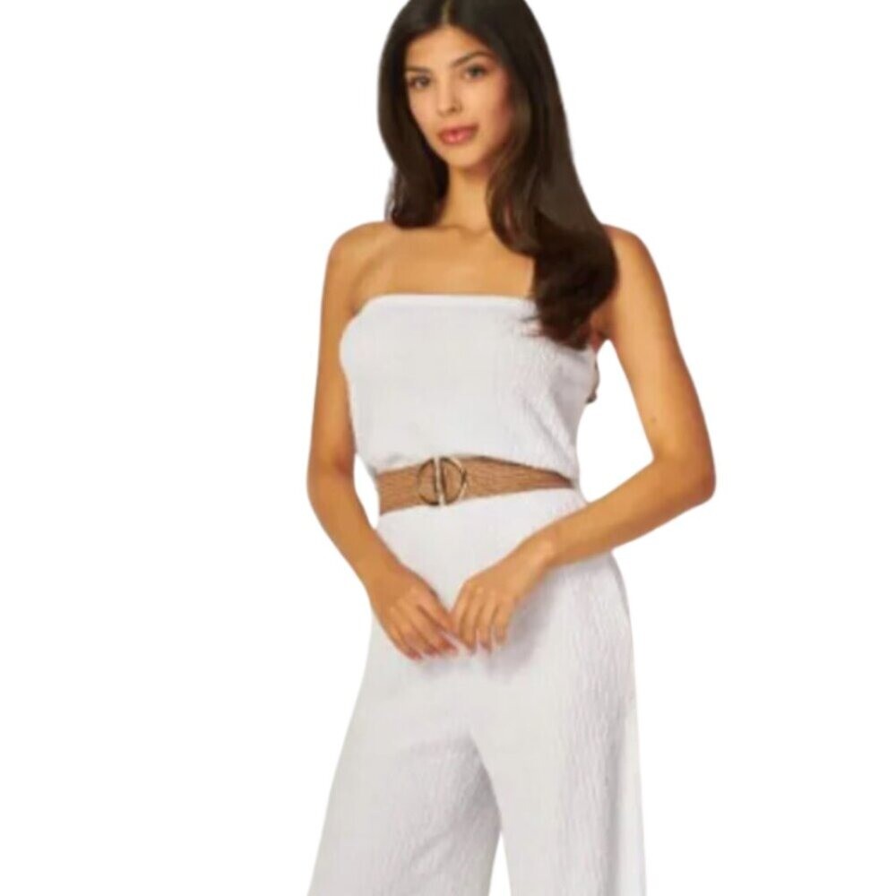 Elegant White Strapless Belted Wide-Leg Jumpsuit – Timeless & Chic