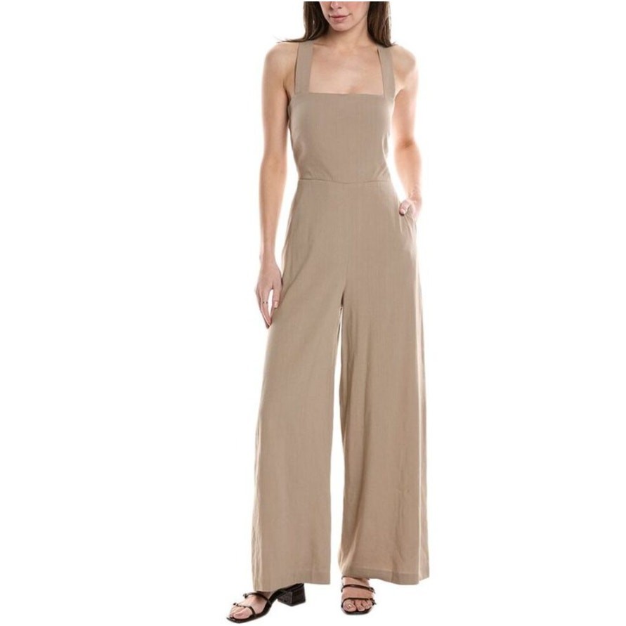 Theory Crossback Linen Blend Jumpsuit Taupe Sleek Crunch Wide Leg Womens Small