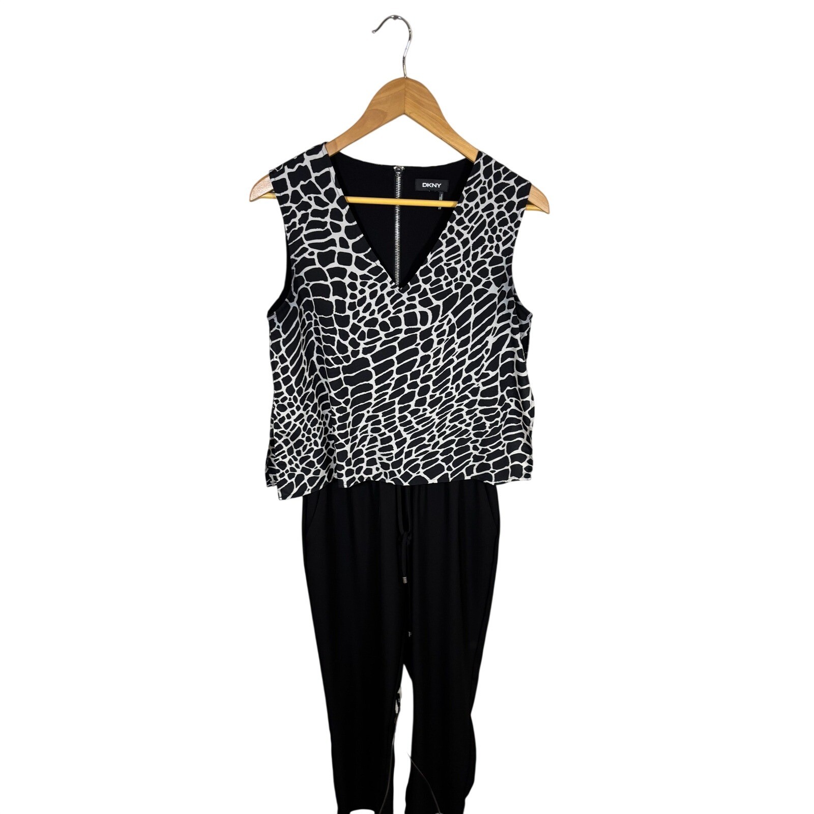 DKNY Jumpsuit Womens Black White Animal Print Sleeveless V-Neck Exposed Zipper