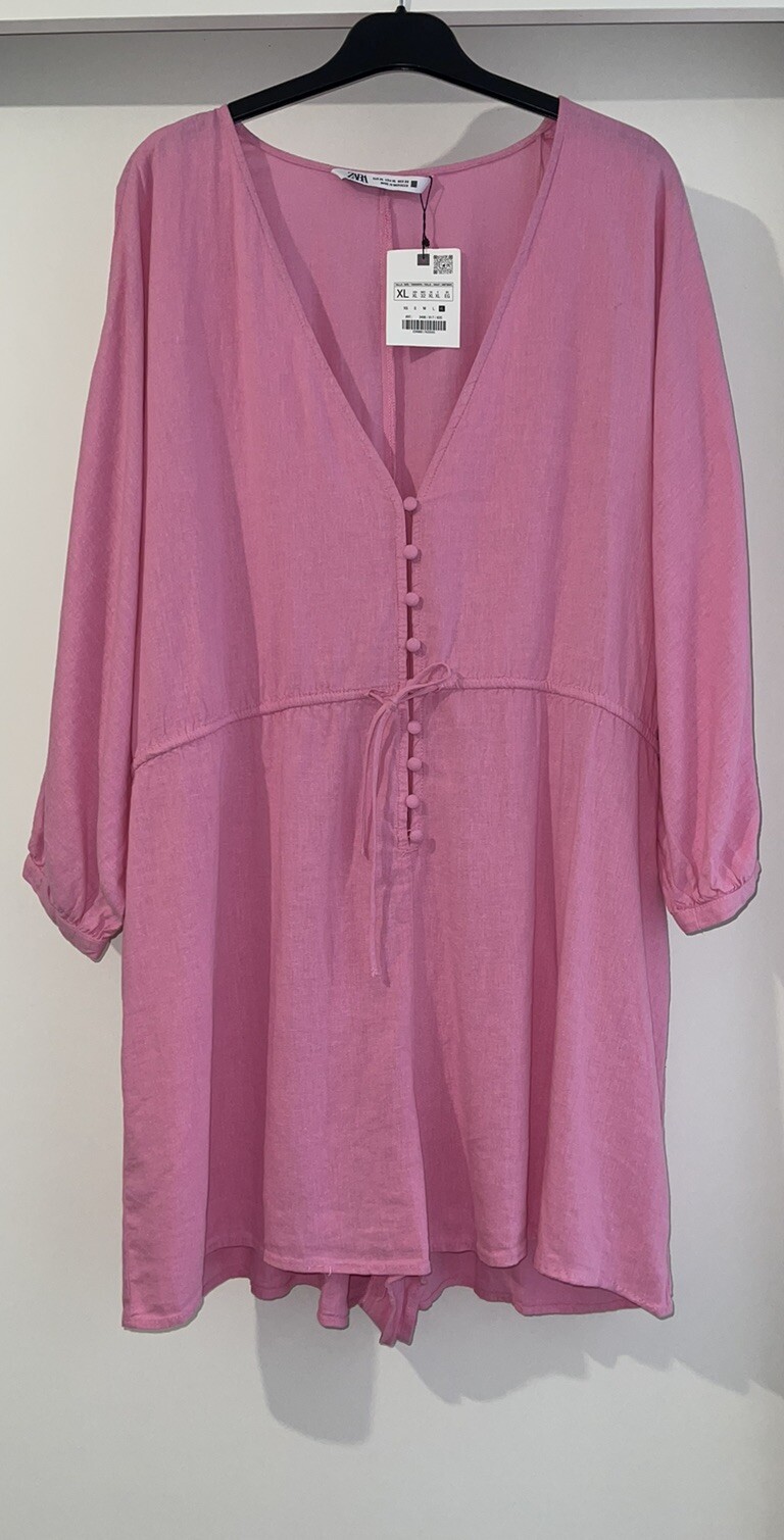 ZARA PINK LINEN BLEND SHORT BUTTONED PLAYSUIT WITH ELASTIC WAIST SIZE XL BNWT