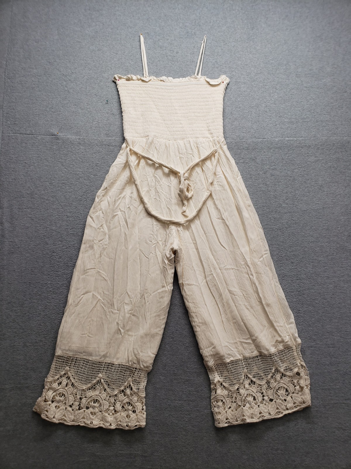 American Eagle Women Jumpsuit S Beige Smocked Lace Strap Back Tie Comfort Boho
