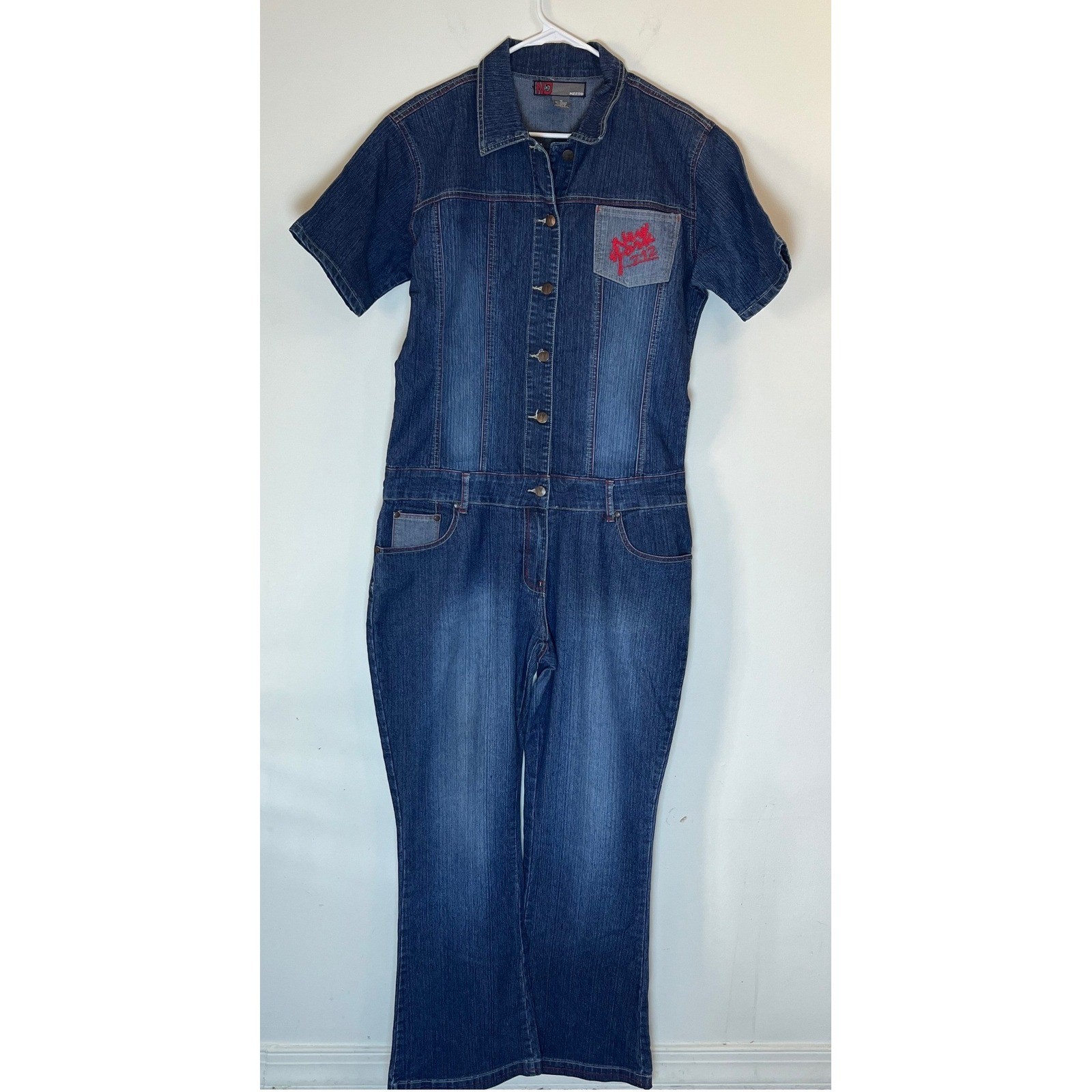 NJ Neeso Denim Jumpsuit Womens 16 Blue New York 212 Embroidered Short Sleeve Y2K