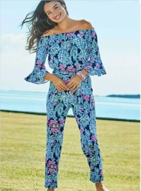 LILLY PULITZER Calla Jumpsuit High Tide Navy Pineapple Paradise S Pink Blue EUC