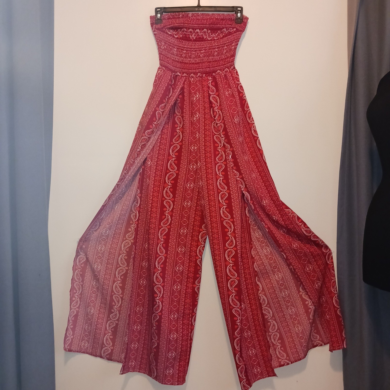 Red Paisley Bohemian Tube Top Wide Flared Slit Leg Jumpsuit Small