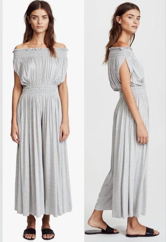 Norma Kamali Peasant Jumpsuit XS Gray Off The Shoulder Wide Leg Smocked Stretchy