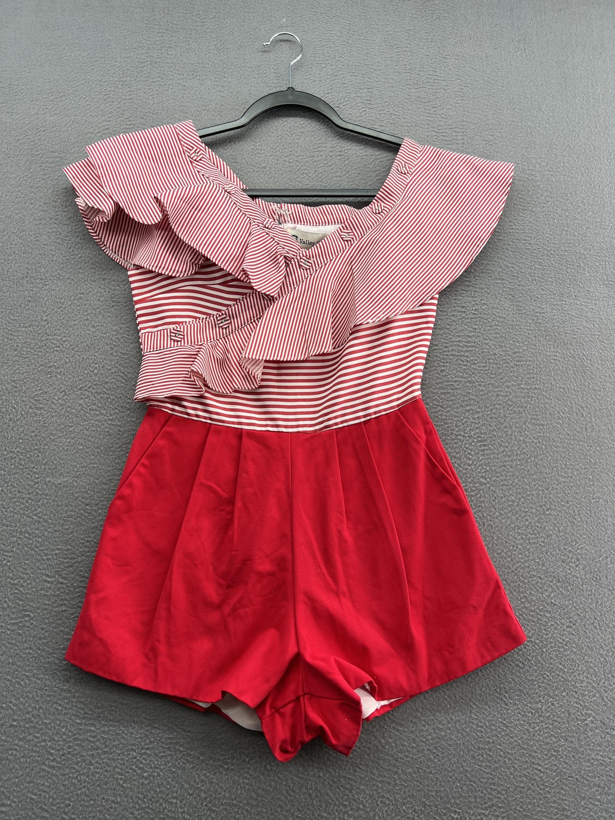 Valley Girl Romper Womens Small Red White One Shoulder Ruffle Striped Pockets