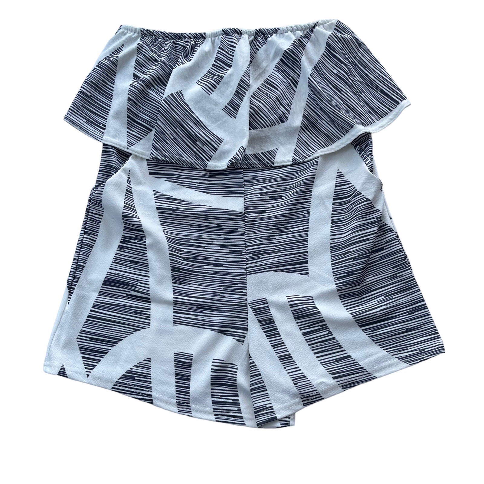Ecowish Womens Medium Strapless Ruffle White & Dark Gray Abstract Printed Romper