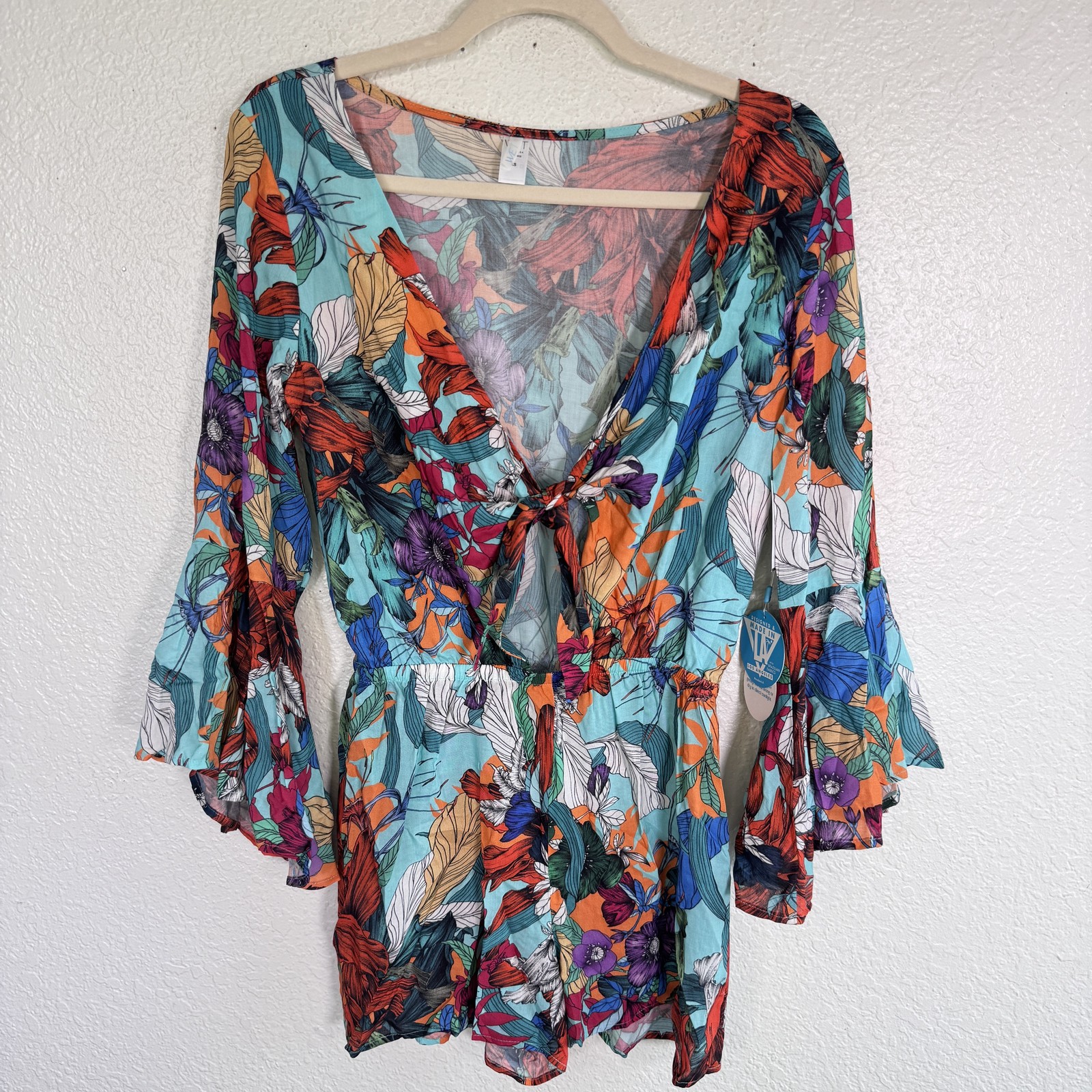 WET Romper Womens XS Floral Bell Sleeve Tie Front Festival Resort Cruise Coverup