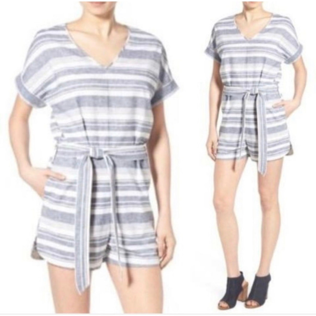 Madewell Perimeter Striped Linen-Blend Romper Blue and White Tie V-Neck Size M