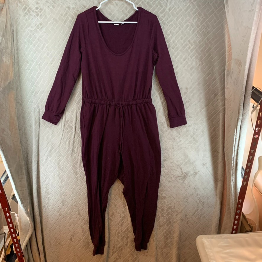 Gap Womens Large Jumpsuit Burgundy Purple Long Sleeve Scoop Neck Lounge Comfort