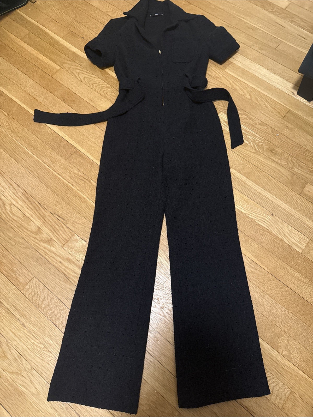 MNG Mango Women’s Black Belted Zip Front Wide Leg Jumpsuit Size Small