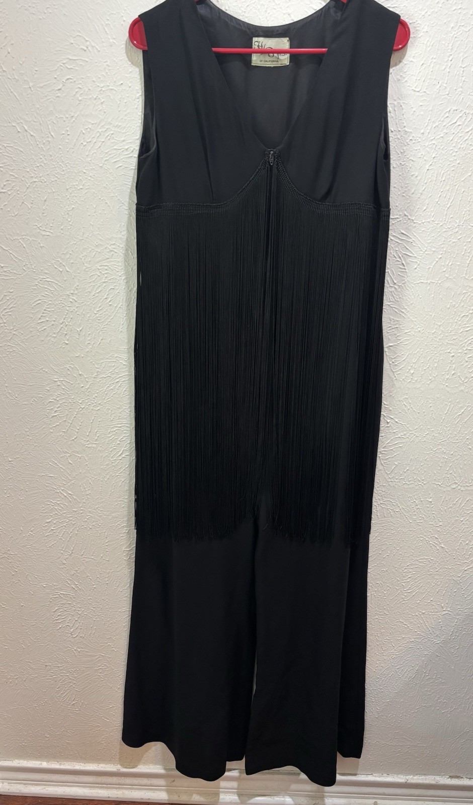 H/B jrs of California Women’s Black Fringe V-Neck Wide-Leg Zip Jumpsuit Vintage