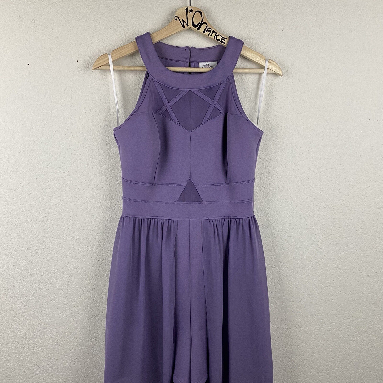 SWEET STORM Purple Sheer Overlay Romper MEDIUM Mesh Panel Cage w/ Train F76