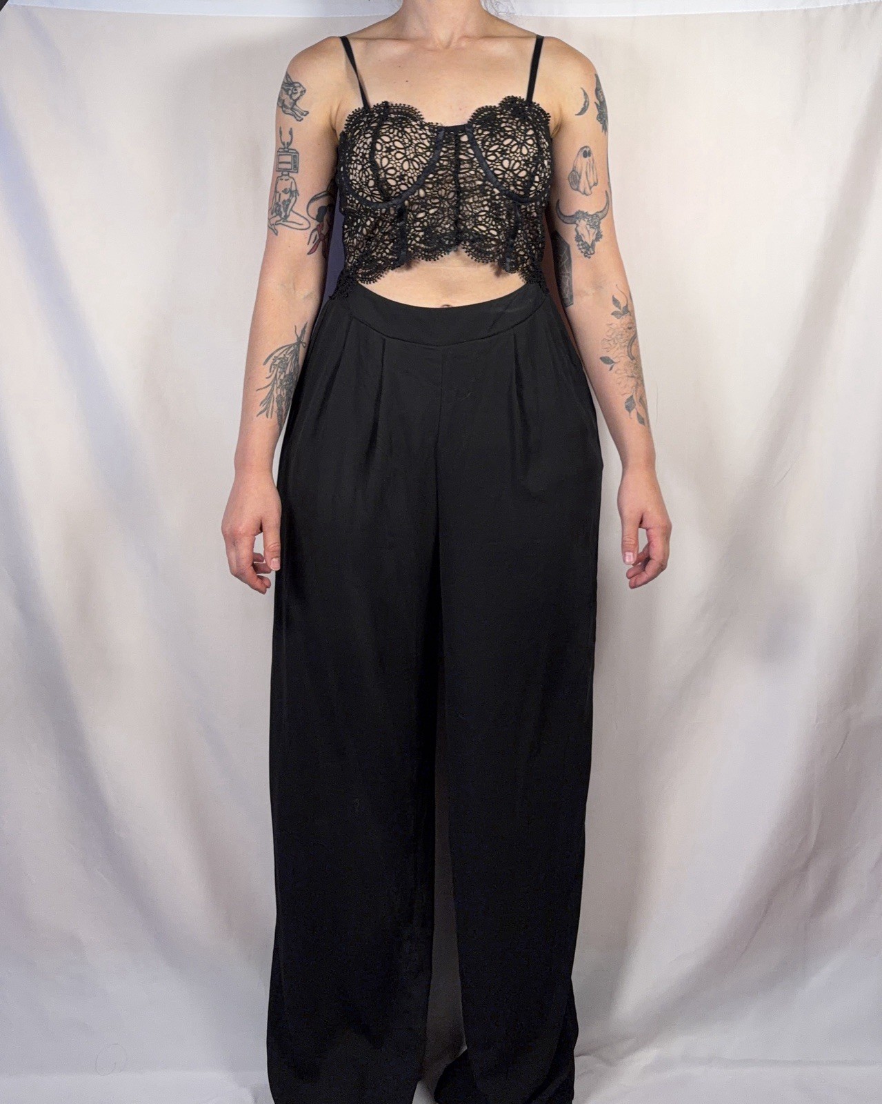 Wide Leg Corset Cut Out Embroidered Jumpsuit Women’s Size M Black & Beige