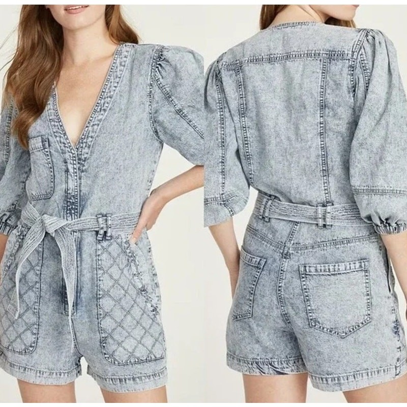 Driftwood Quilted Romper Belted Waist Denim Acid Wash Size Small NEW