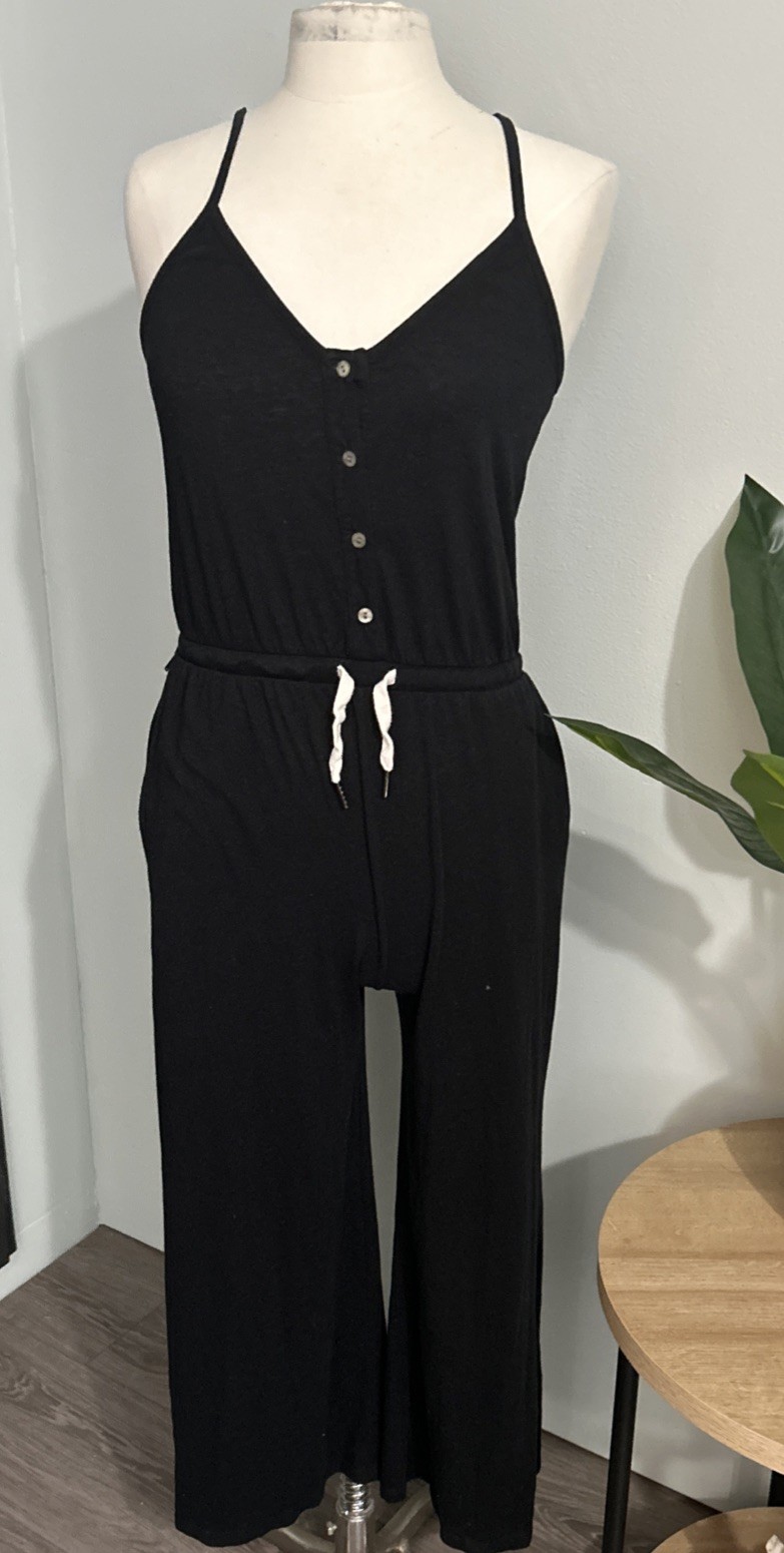 Philanthropy Cotton Rayon Sleeveless Waist Tie Wide Leg Crop Jumpsuit Black S