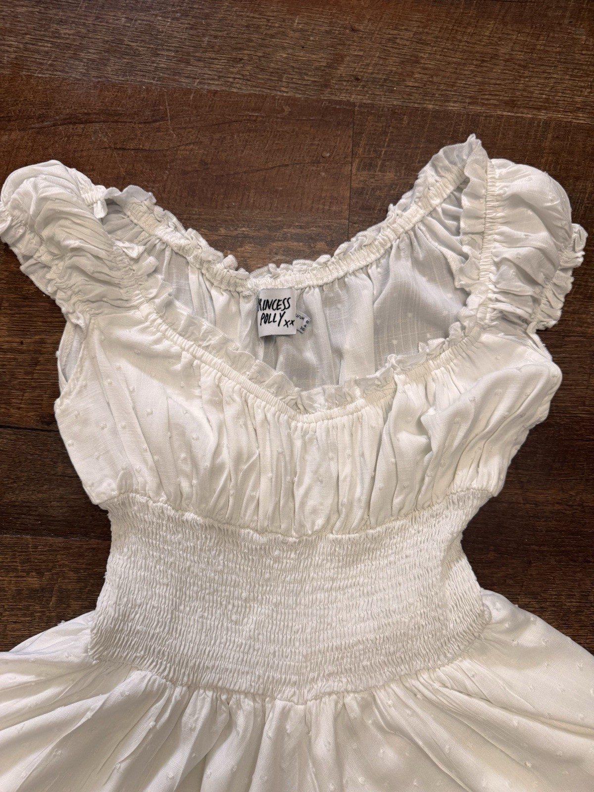 Princess Polly White Swiss Dot Smocked Romper Size 4 Off Shoulder Ruffle Skort