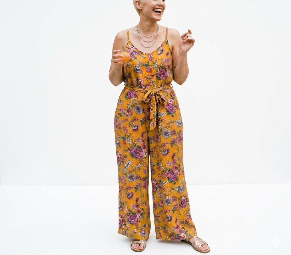 a.n.a Floral Wide Leg Jumpsuit Women’s XXL Mustard Yellow Boho Summer Pockets