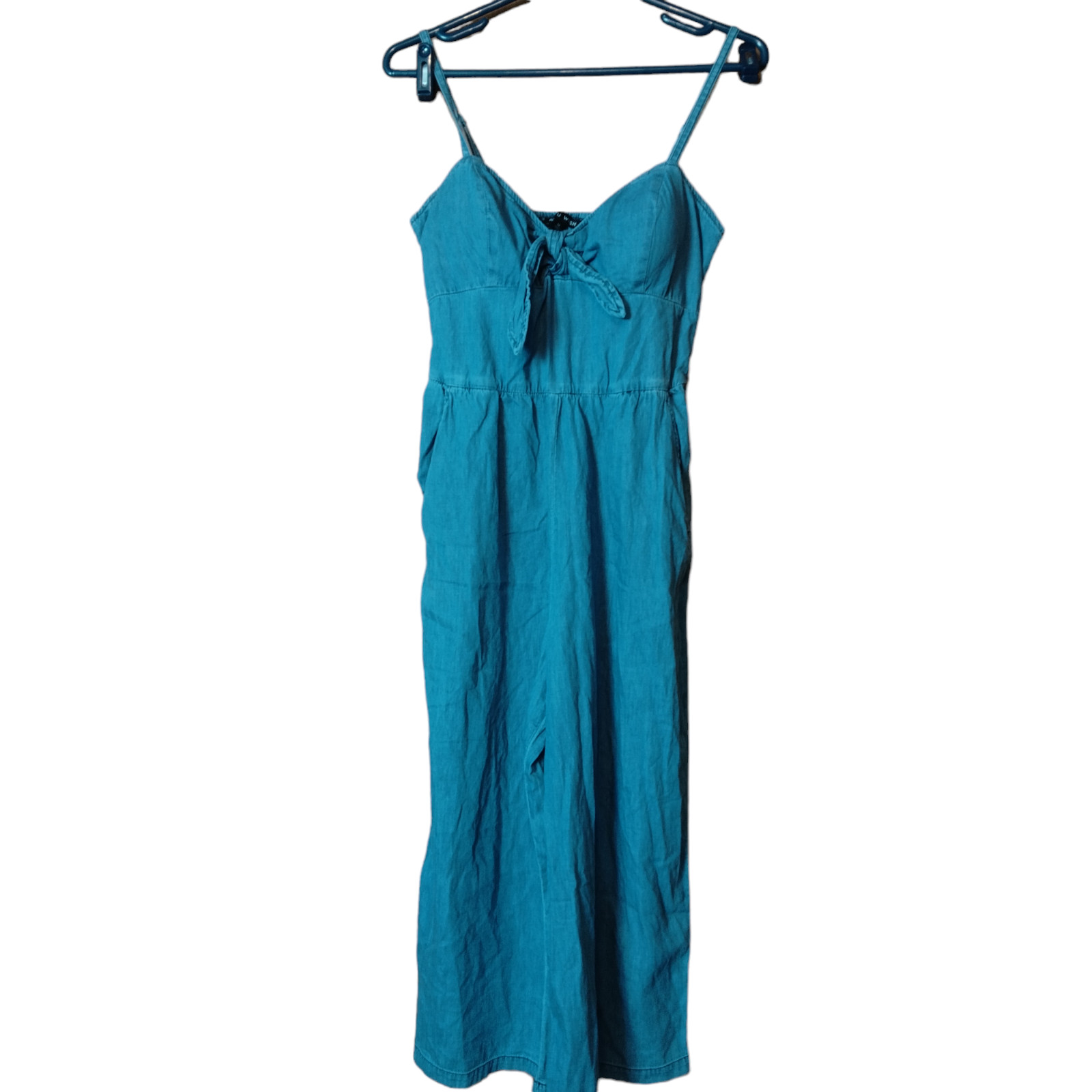 As U Wish Women’s Medium Spaghetti Strap Smocked Wide Leg Crop Chambray Jumpsuit