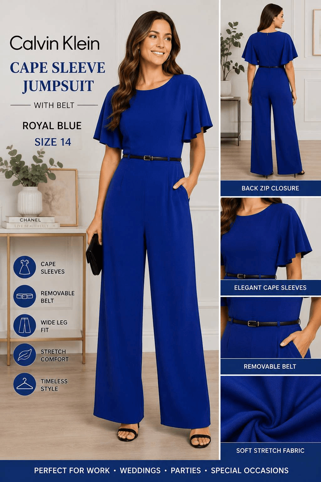 Calvin Klein Women’s Royal Blue Belted Cape Sleeve Jumpsuit Size 14