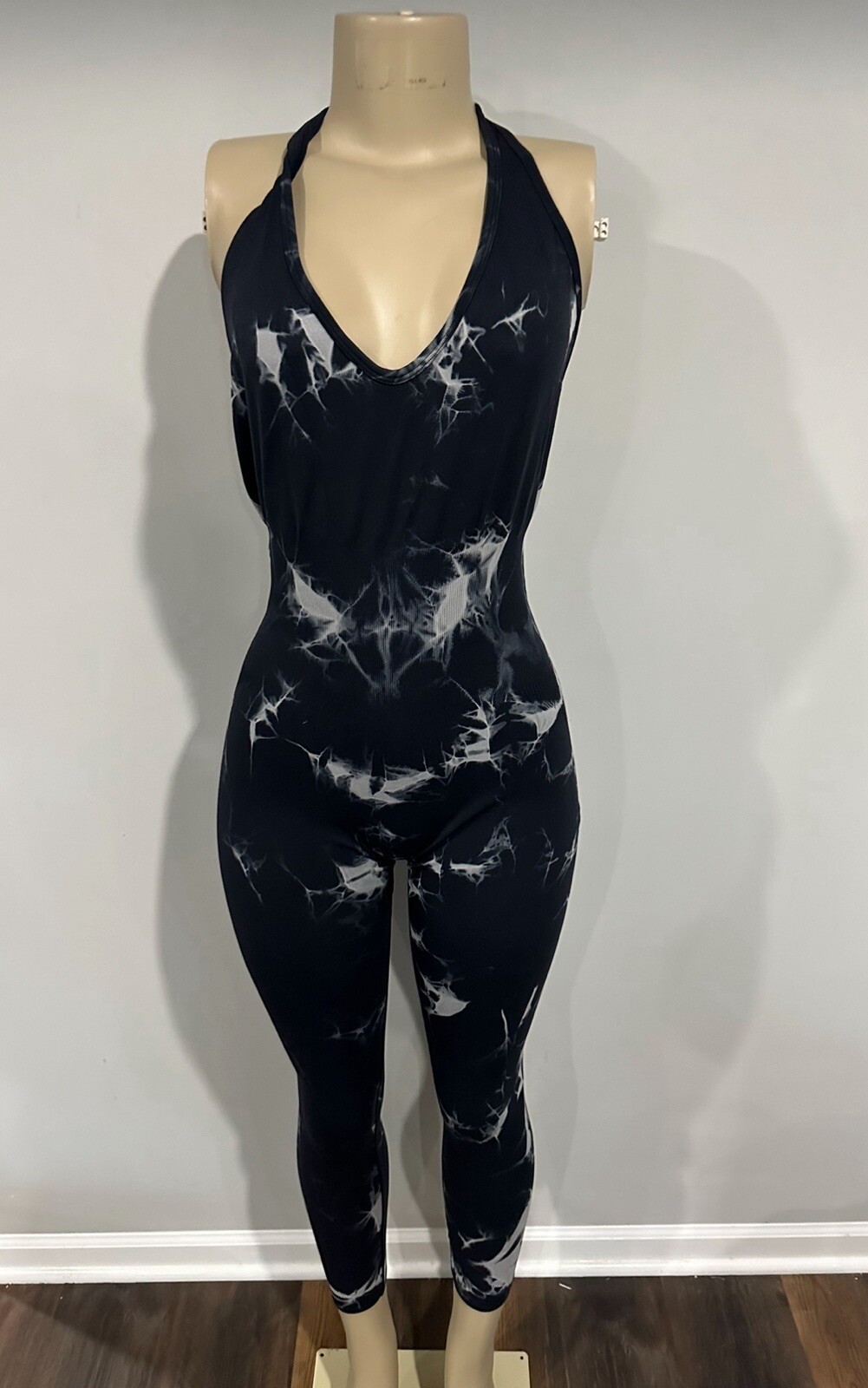 Jumpsuit size Large women one piece yoga outfit new Black Gray Tie Dye
