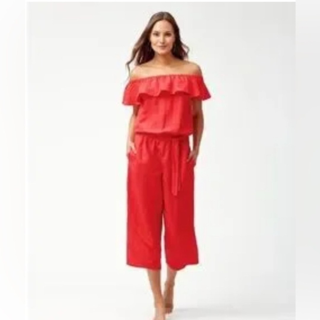 Tommy Bahama Romper Red Linen Women Sz SMALL Off The Shoulder Cropped Jumpsuit