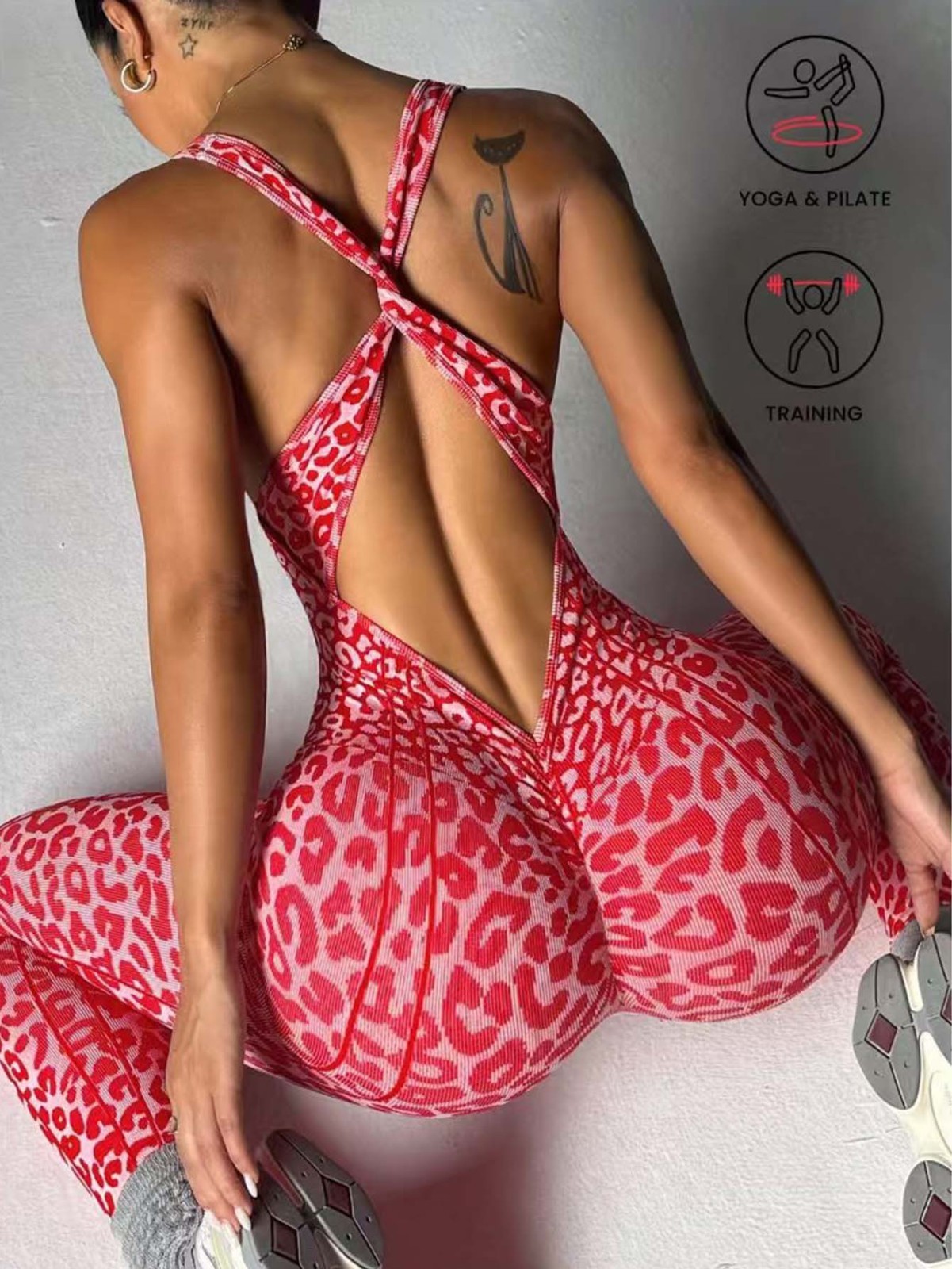 Women’s Cheetah Print Workout Jumpsuit V Neck Backless Scrunch Booty Yoga Romper