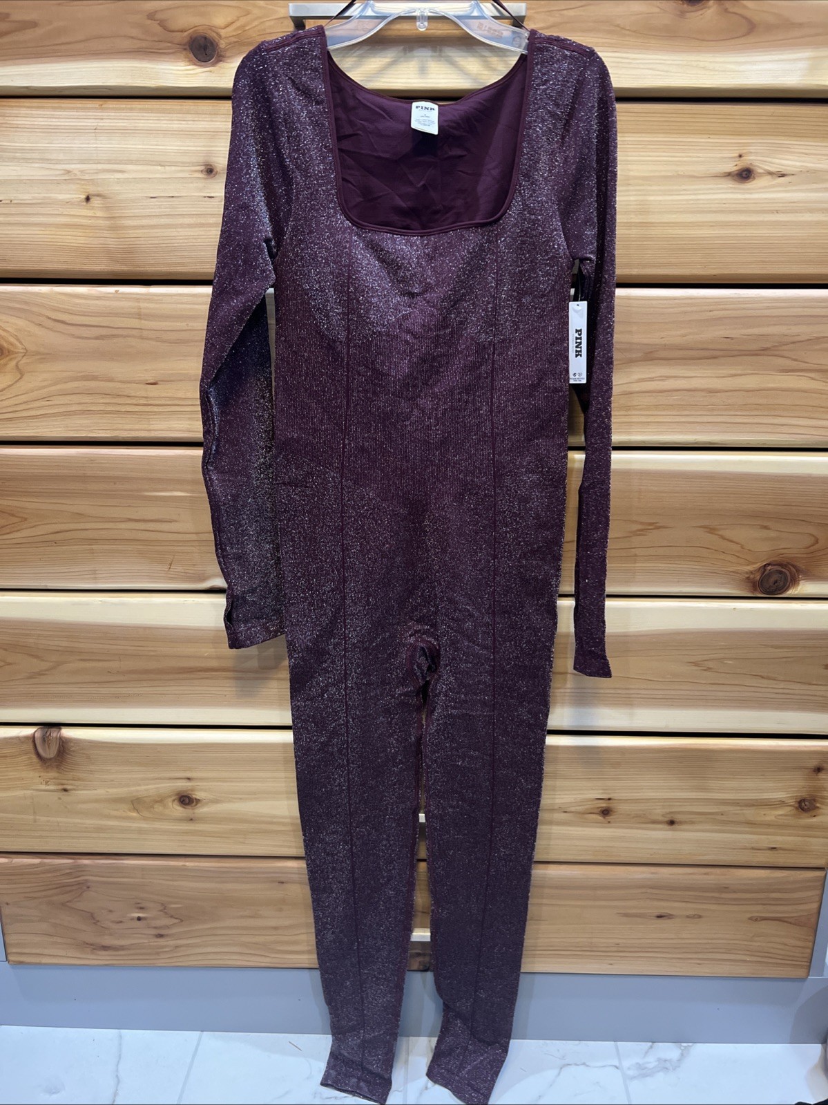 Victoria’s Secret Pink Size M Long Sleeve Square Neck Bodysuit Purple NWT Apres