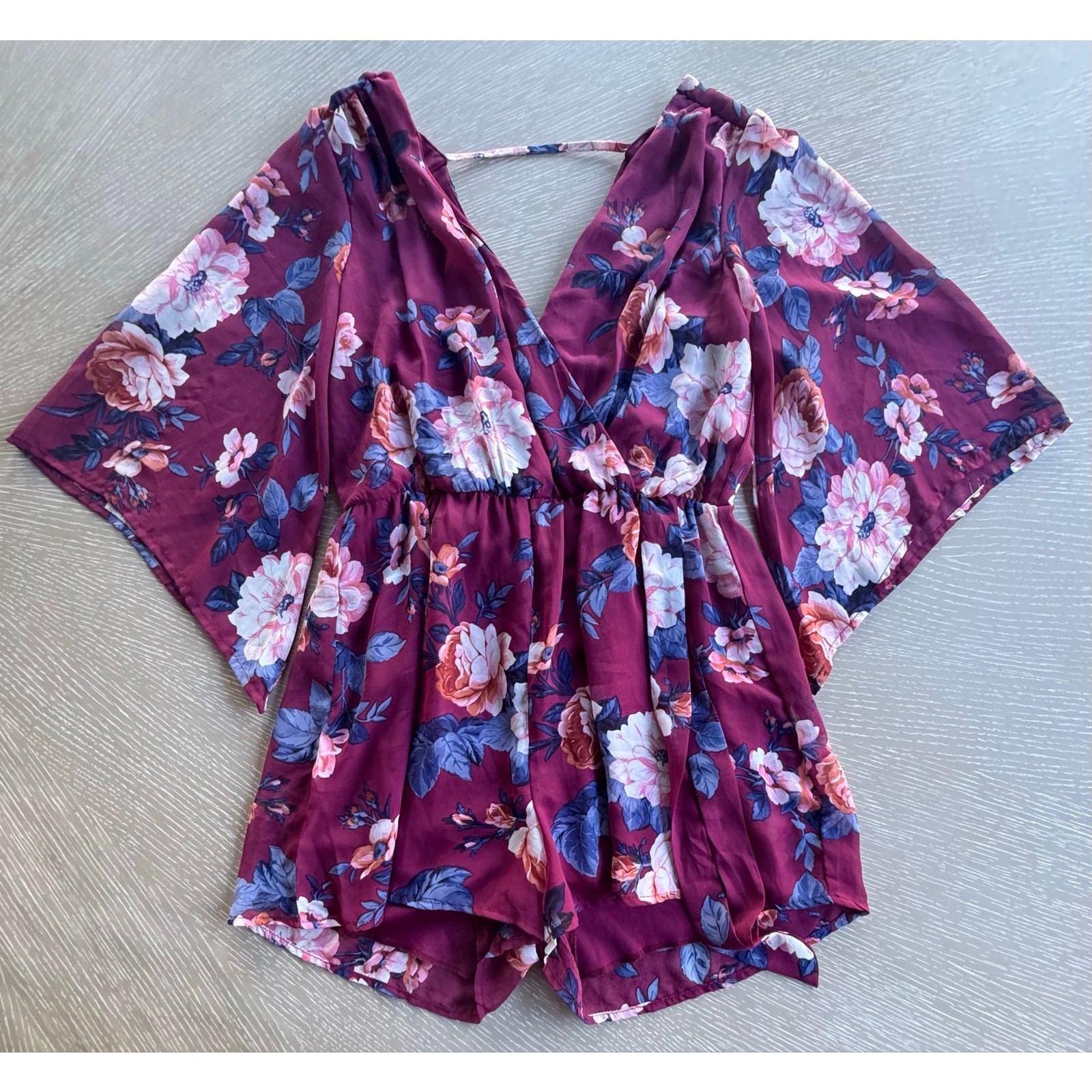 Charlotte Russe Burgundy Floral Surplice Bell Sleeve Romper Size S