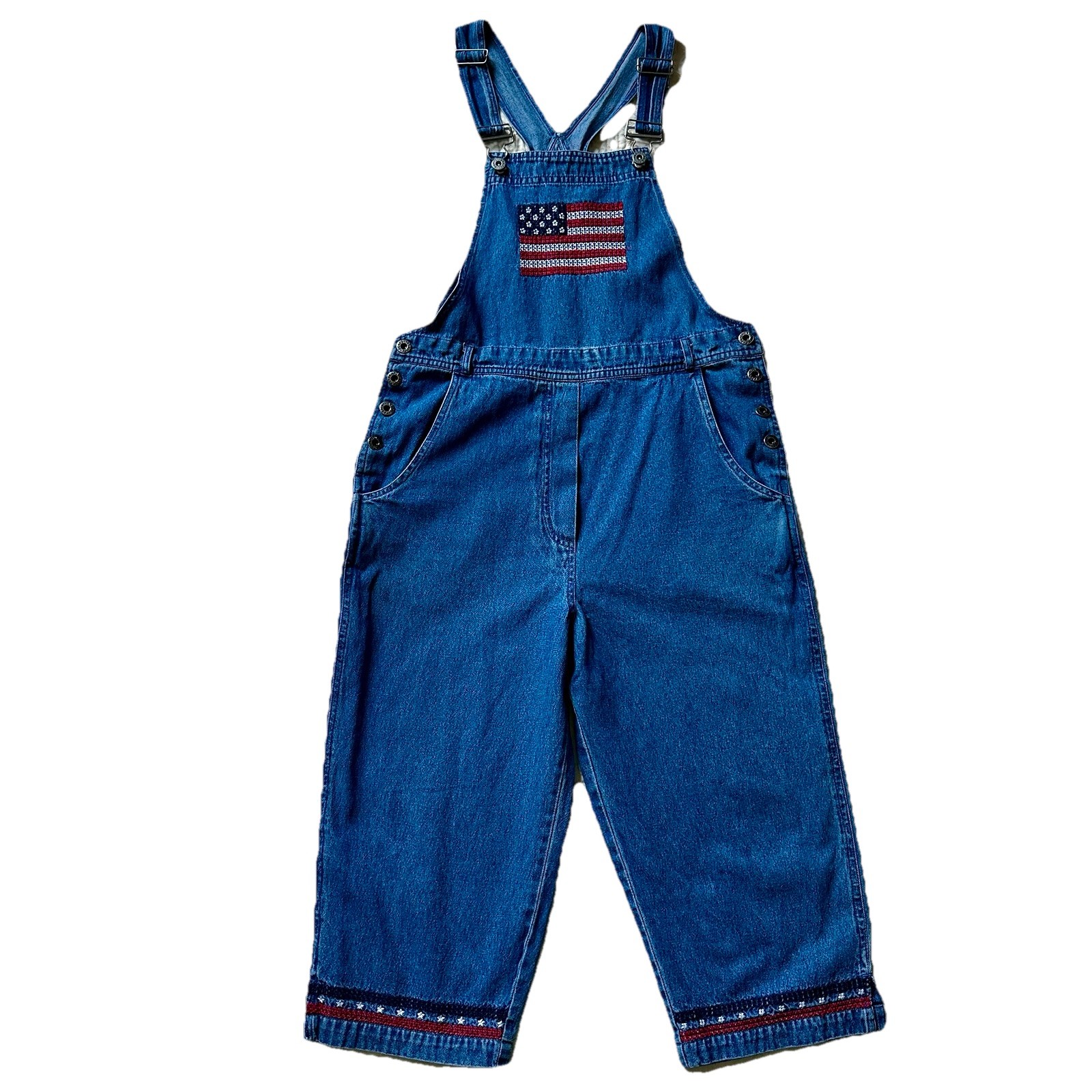 VTG 1990s Agapo Denim Overalls Women’s Small American Flag USA Embroidered Y2K