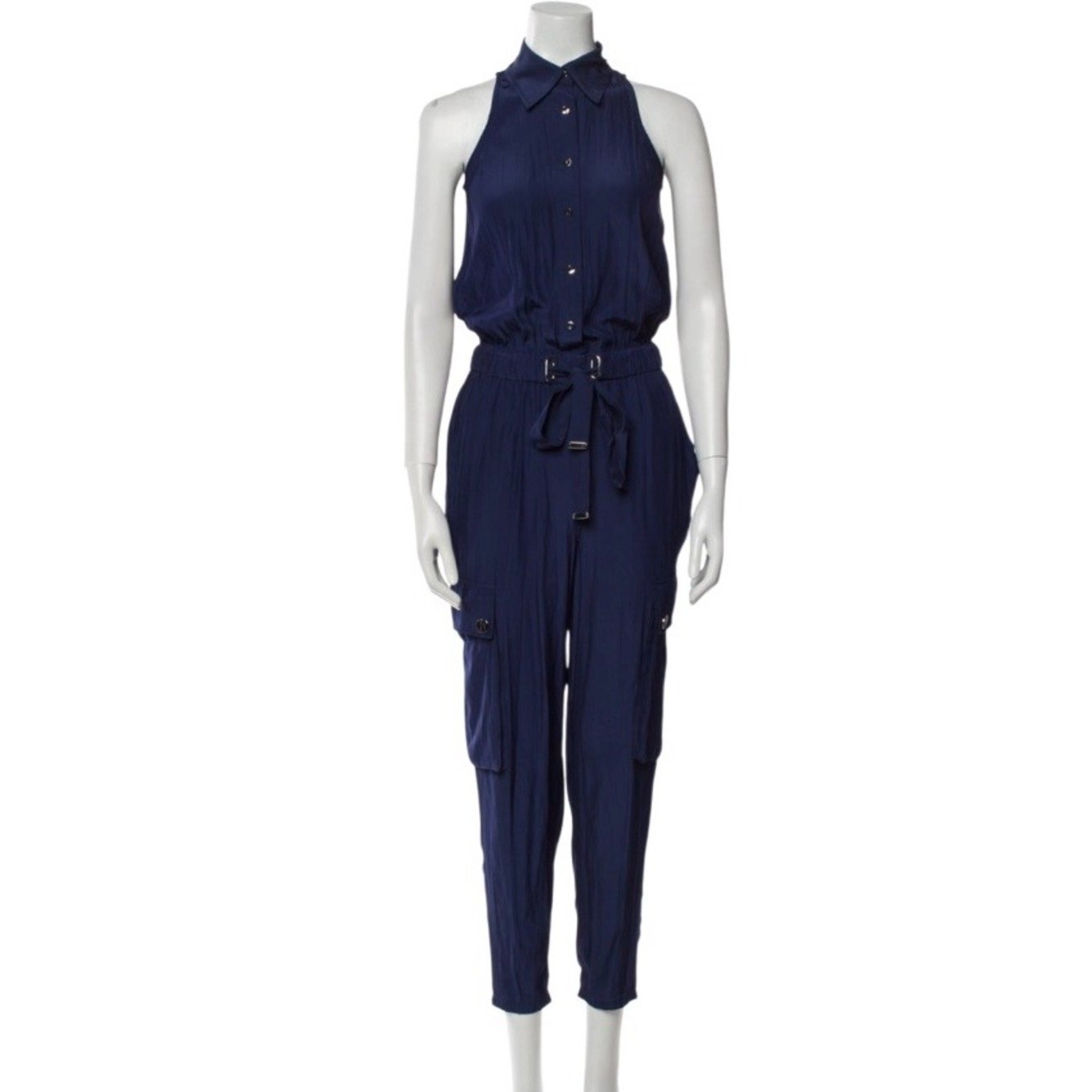 Ramy Brook Callie Button Down Cargo Jumpsuit Navy Sleeveless Belted Size M