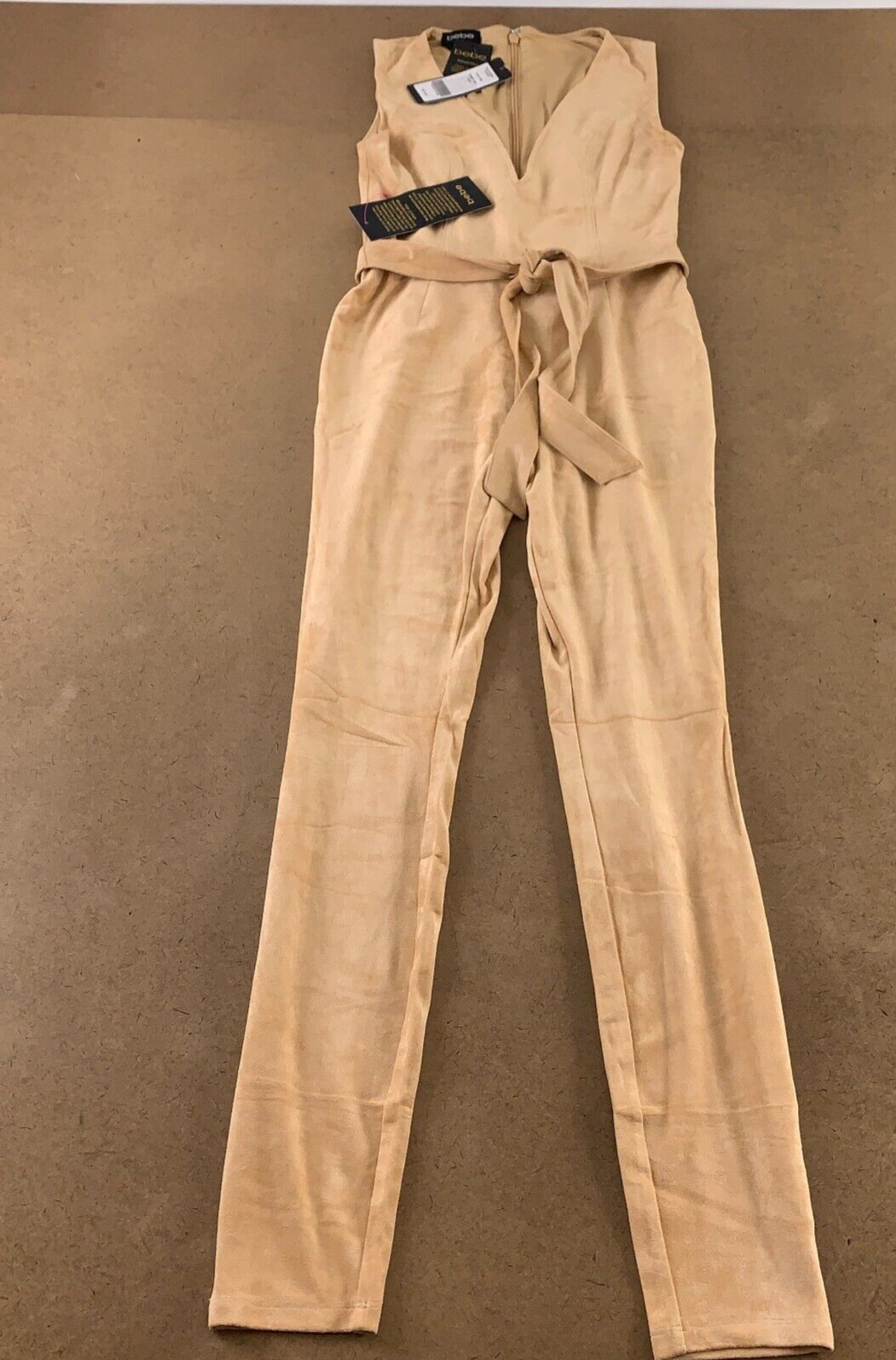 Bebe Women’s Small Desert Mist Faux Suede Sleevless V Neck Belted Catsuit NWT