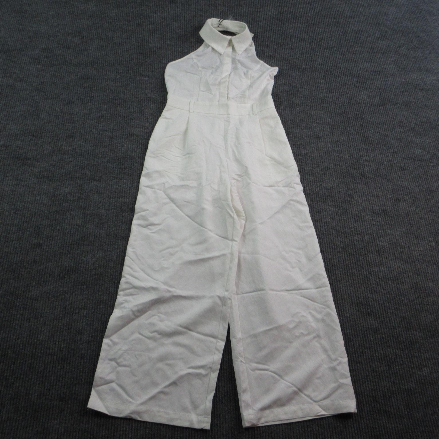 COMMENSE Jumpsuit Womens S White Halter Twill Belted Buckle 2 Piece NWT
